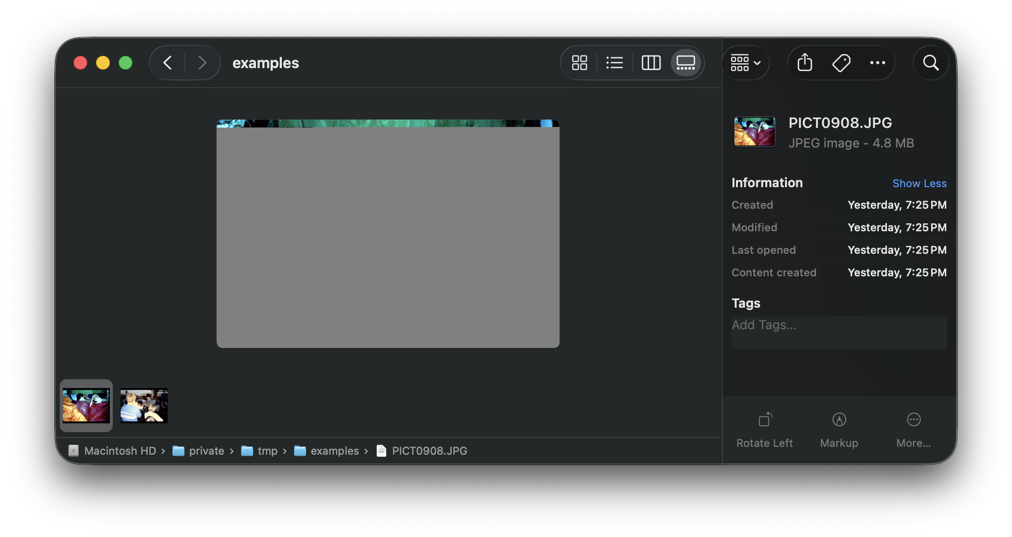Screenshot of Finder showing thumbnails and corrupt images